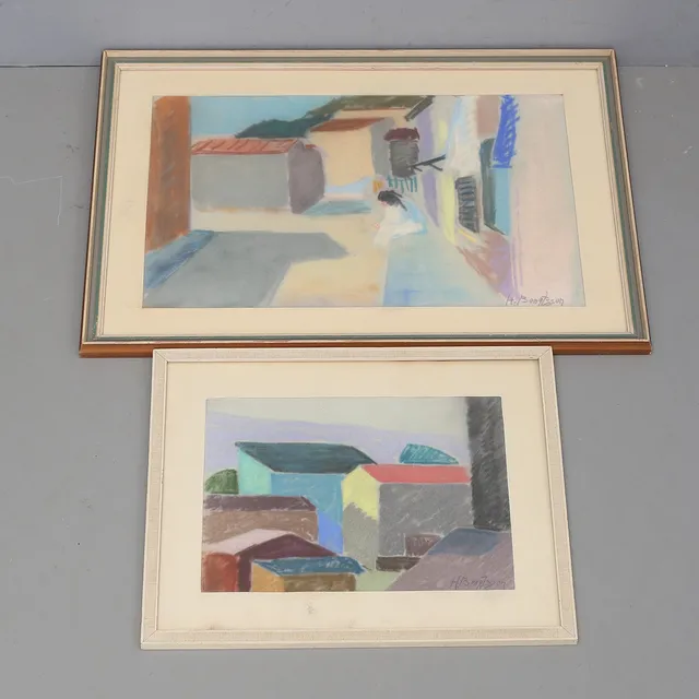 HILMER BENGTSSON. Husfasader, 2 st pasteller, signerade.