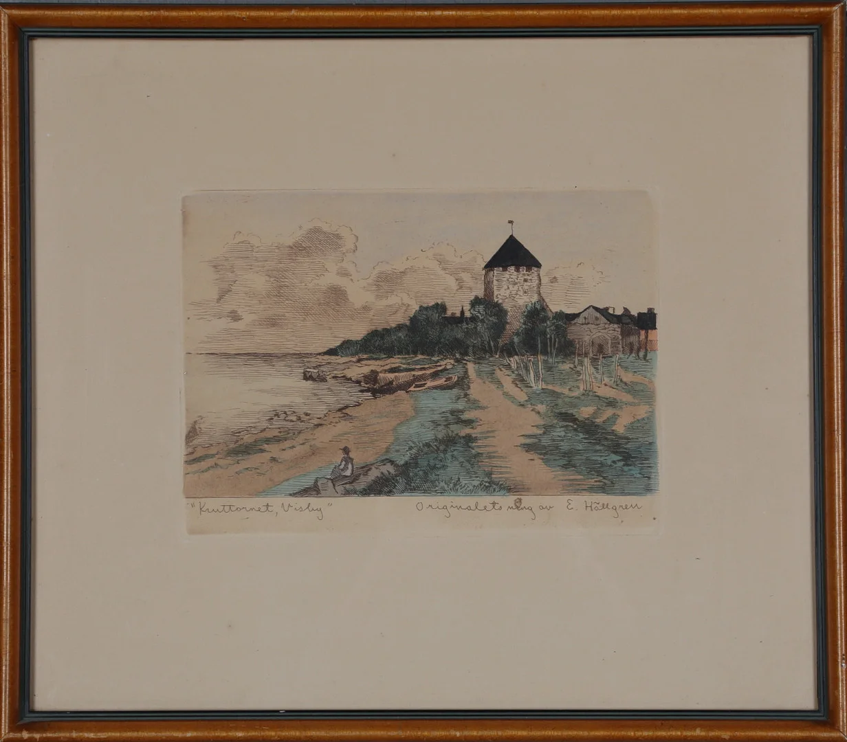 ERNST HÄLLGREN. "Kruttornet Visby", Etsning, signerad. — Engravings & Prints — Gomér & Andersson Norrköping