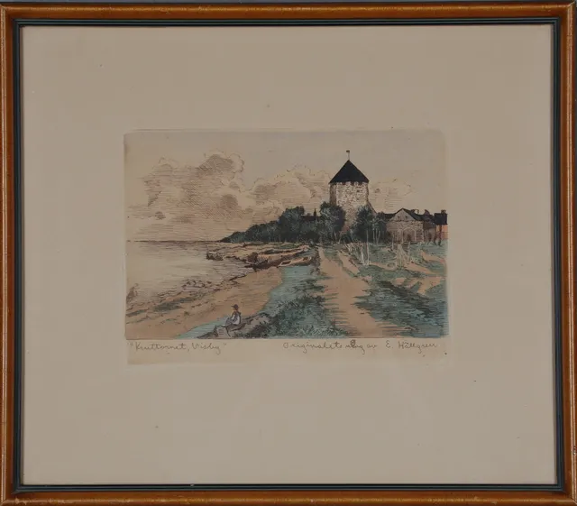 ERNST HÄLLGREN. "Kruttornet Visby", Etsning, signerad.