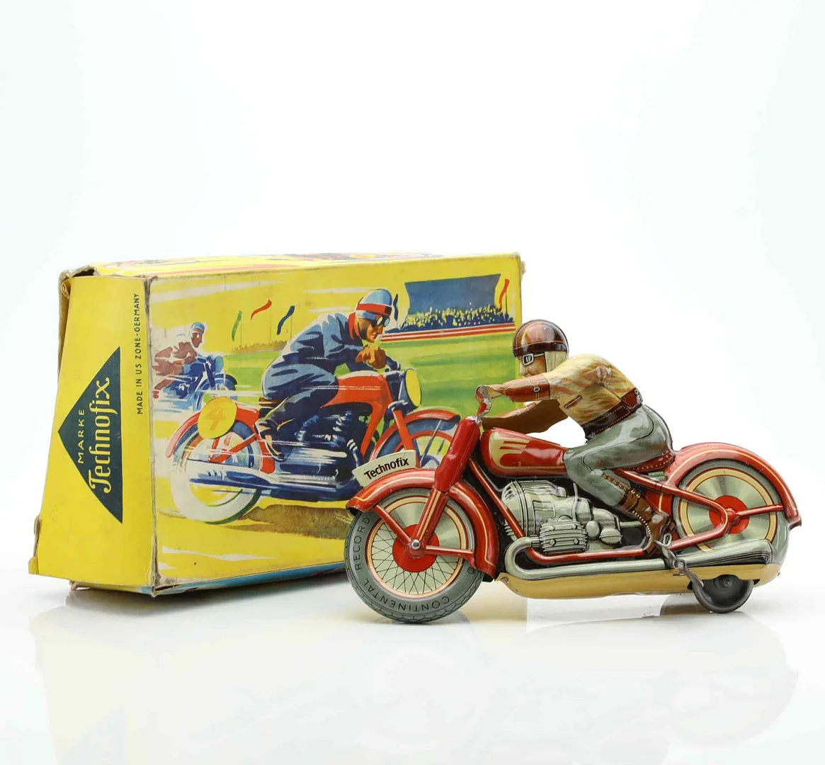 LEKSAKSMOTORCYKEL, Technofix, US Zone, Tyskland, 1940/50-tal. — Toys — Hälsinglands Auktionsverk