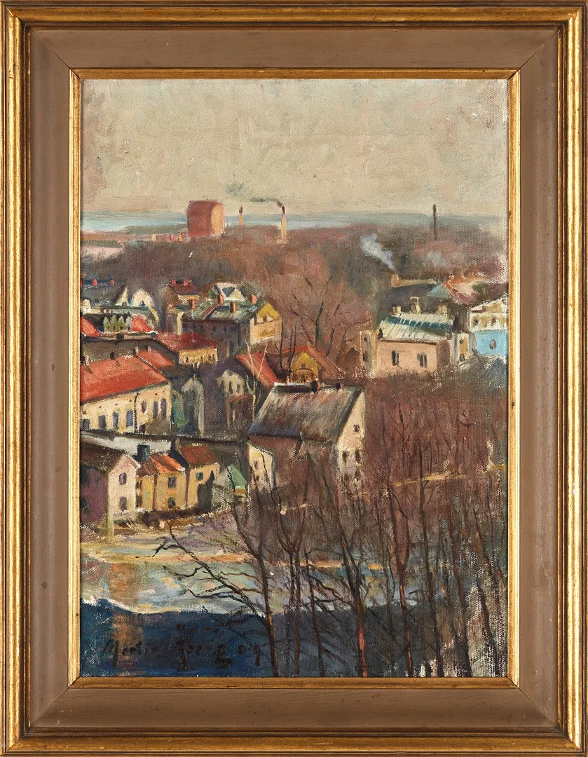 MARTIN ÅBERG (Sverige, född 1888 i Ljusnarsberg, död 1946 i Stockholm). Solbelyst stad, signerad och daterad 09, olja på duk. — Paintings — Crafoord Auktioner Stockholm