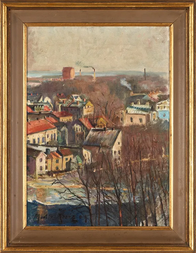 MARTIN ÅBERG (Sverige, född 1888 i Ljusnarsberg, död 1946 i Stockholm). Solbelyst stad, signerad och daterad 09, olja på duk.