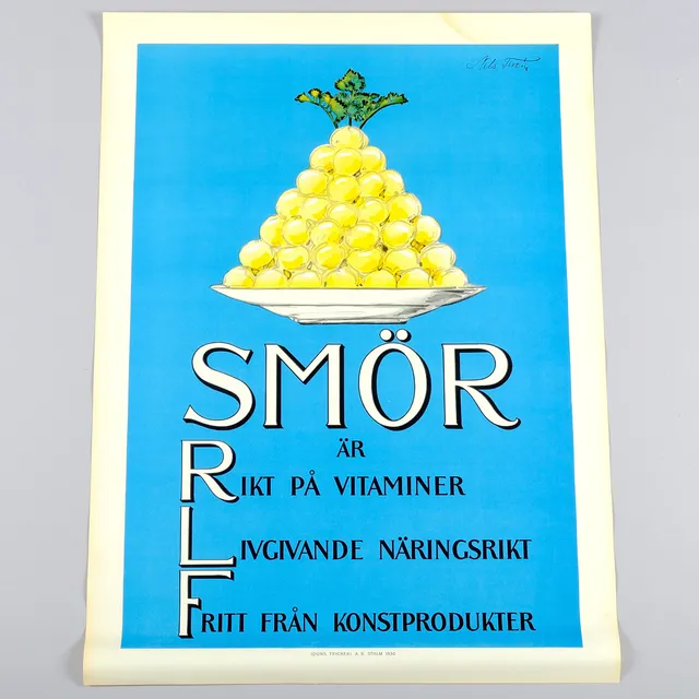 NILS TIRÉN. REKLAMAFFISCH, ”Smör är rikt på vitaminer”, Iduns Tryckeri A.B., Stockholm, 1930.