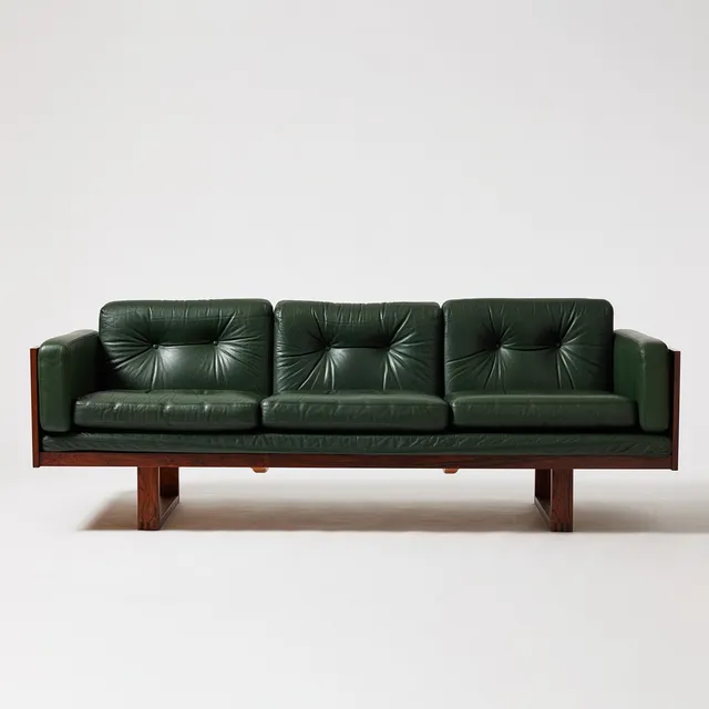 POUL CADOVIUS. "Guvernör", soffa, France & Søn, Danmark 1960-tal, palisander, lösa plymåer klädda i grönt läder med klädda knappar.