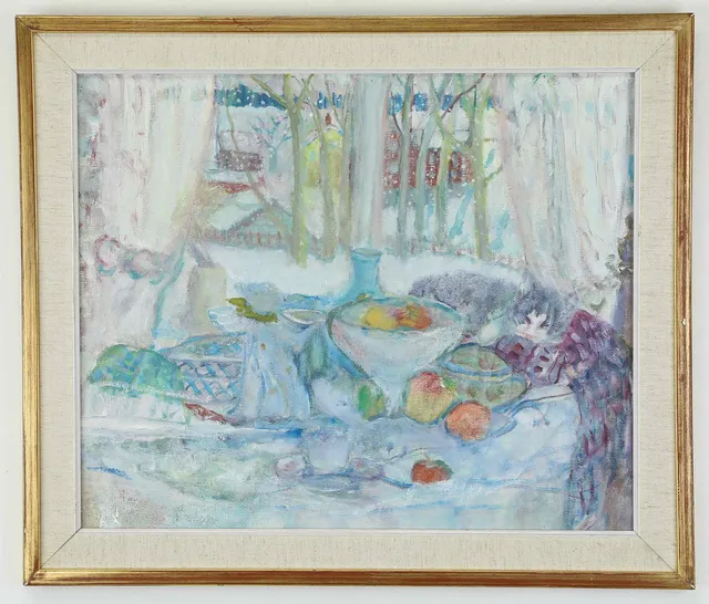 RUNE PERSSON (1910-1969). Olja på duk, Interiör, äpplen, osignerad.