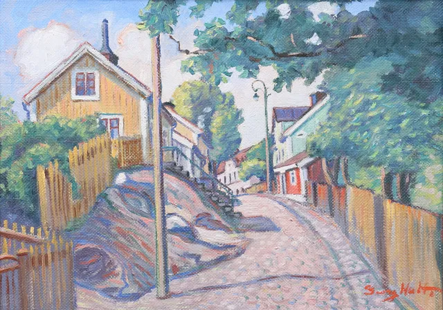 GEORG HULT. Olja på pannå, Besvärsgatan, Oskarshamn, signerad.