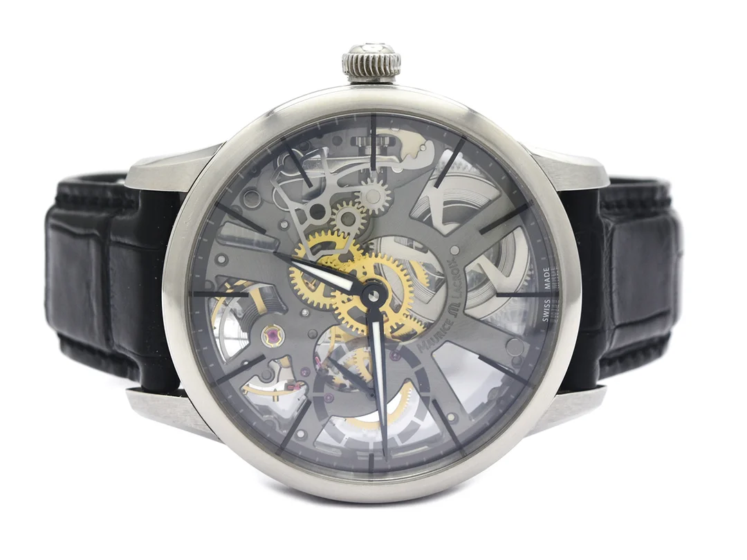 MAURICE LACROIX, Masterpiece Squelette, Cal ML 134, Ref nr. MP7138-SS001-030, Boett nr. MP 7138 / AP-63667, herrur, 43 mm, stål, manuell, safirglas, skeletterad, glasbaksida, läderband, viklås, cert, januari 2015, box, ytterkartong. — Klockor/Maurice Lacroix — Kaplans