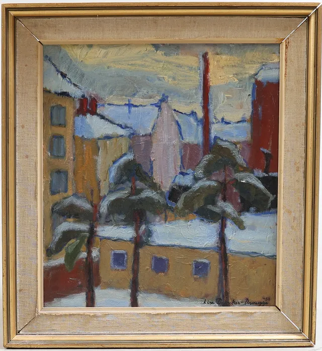 LISE DROUGGE (född Dencker, Landskrona 1919 - 2022 Sundbyberg) Stadslandskap , olja på pannå, signerad samt daterad -50.