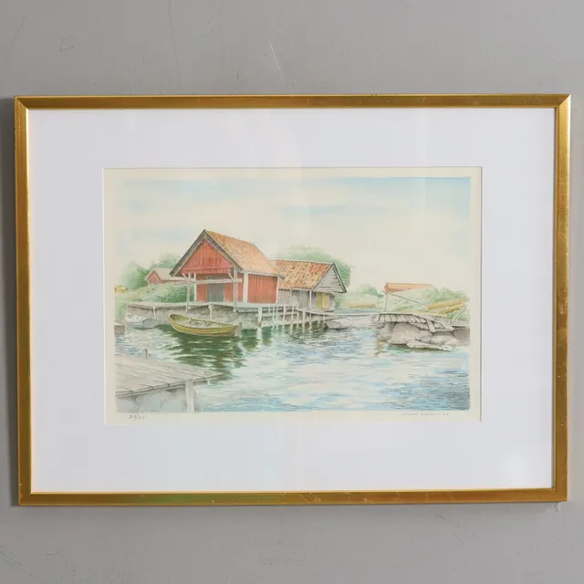LENNART GLEMME. Färglitografi. "Sjöbodar", signerad och daterad -77.