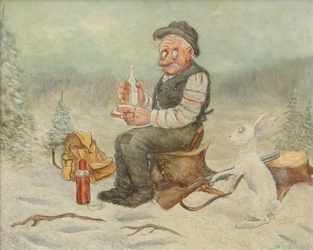 JAC EDGREN. Blandteknik, jägare med hungrig hare, signerad.