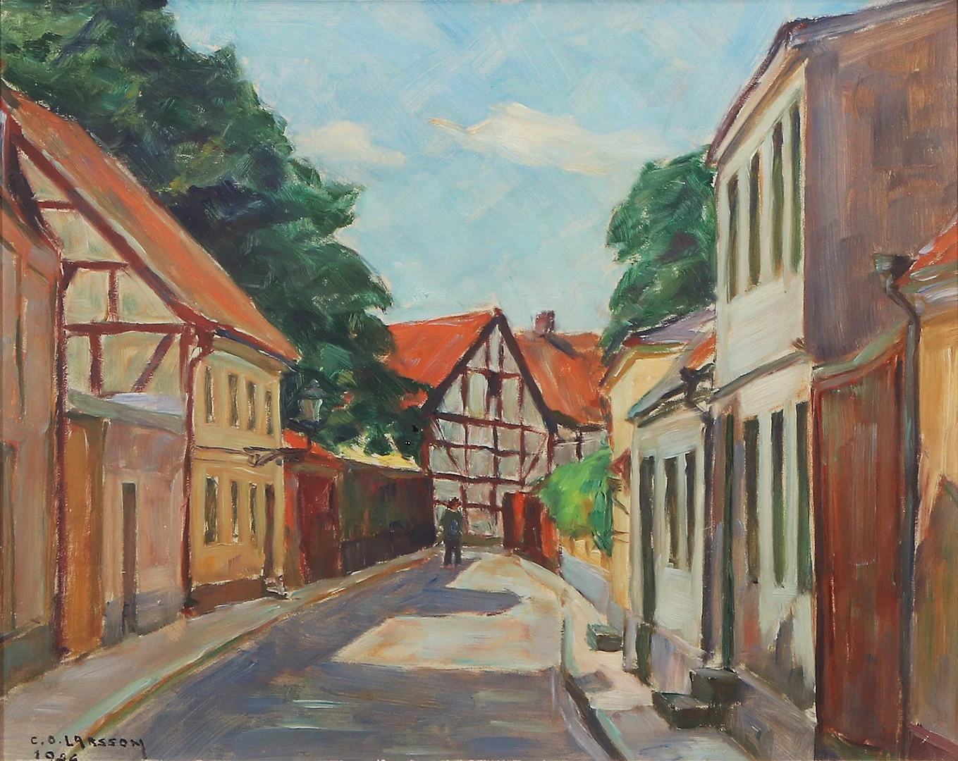 CARL OSCAR LARSSON. Oljemålning på pannå. Motiv från Ystad. Signerad och daterad 1926. — Paintings — Skånes Auktionsverk
