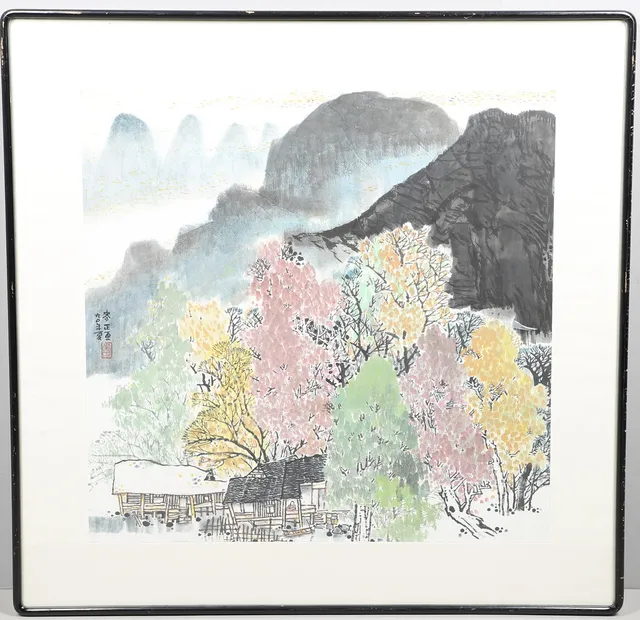 MAI ZHENG (CHINESE, B.1932), MOUNTAIN SCENE WITH VILLAGE.