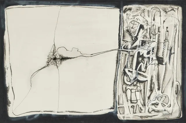 ALBERT JOHANSSON. Abstrakt bild, blandteknik på papper, signerad, daterad 1963.
