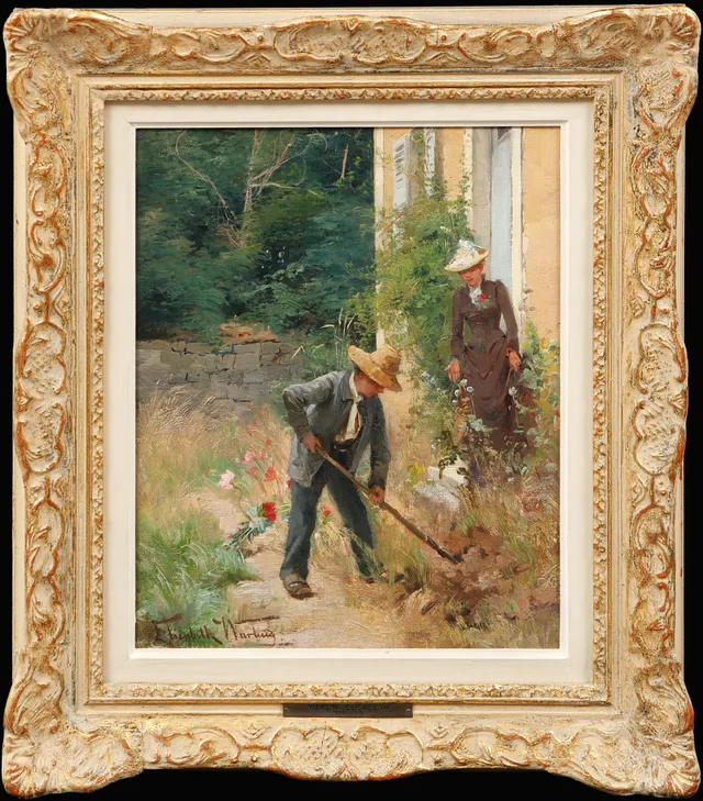 ELISABETH WARLING. Figurscen i trädgården, olja på duk, signerad.