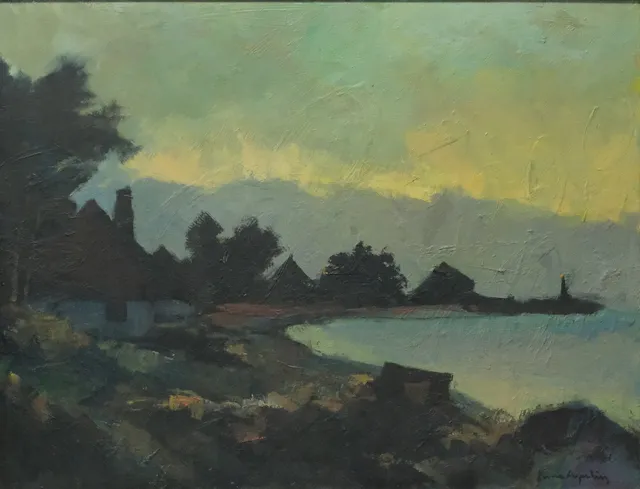 ARNE ASPELIN. LANDSKAP MED HUS OCH VATTEN, OLJA PÅ PANNÅ.