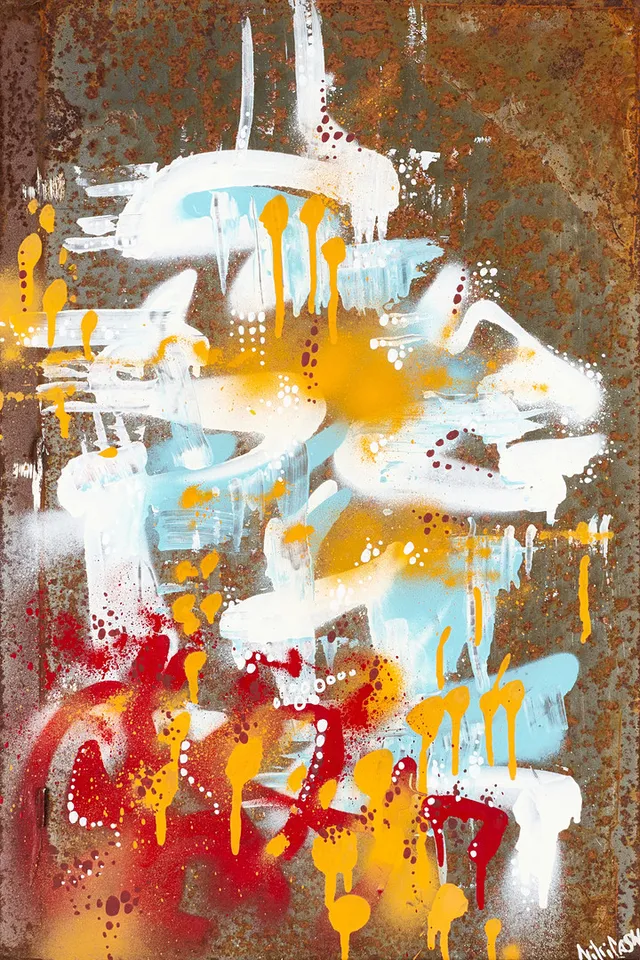 NIKI CASH (FÖDD 1973). Komposition, signerad Niki Cash, daterad a tergo 240128, mixed media/graffiti på plåt.