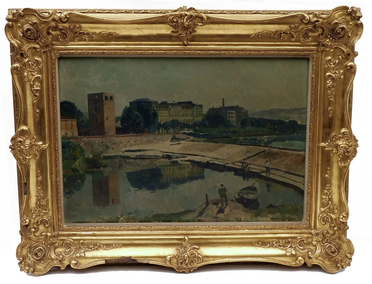 JOSEP MARIA MALLOL SUAZO. VISTA DE CIUDAD CON RÍO, ÓLEO SOBRE LIENZO, FIRMADO MALLOL SUAZO. — Paintings — Barcelona Auctions