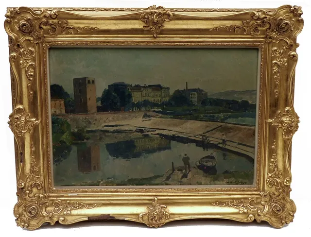 JOSEP MARIA MALLOL SUAZO. VISTA DE CIUDAD CON RÍO, ÓLEO SOBRE LIENZO, FIRMADO MALLOL SUAZO.