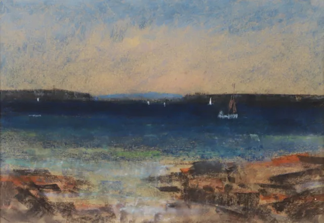 RAGNAR FALK. Kustbild med fiskebåt, pastell, signerad R. Falk.