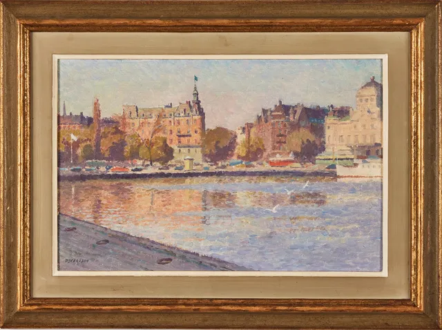 BERNHARD OSCARSSON. Sommar över Nybrokajen, olja på duk, 27 x 41 cm.