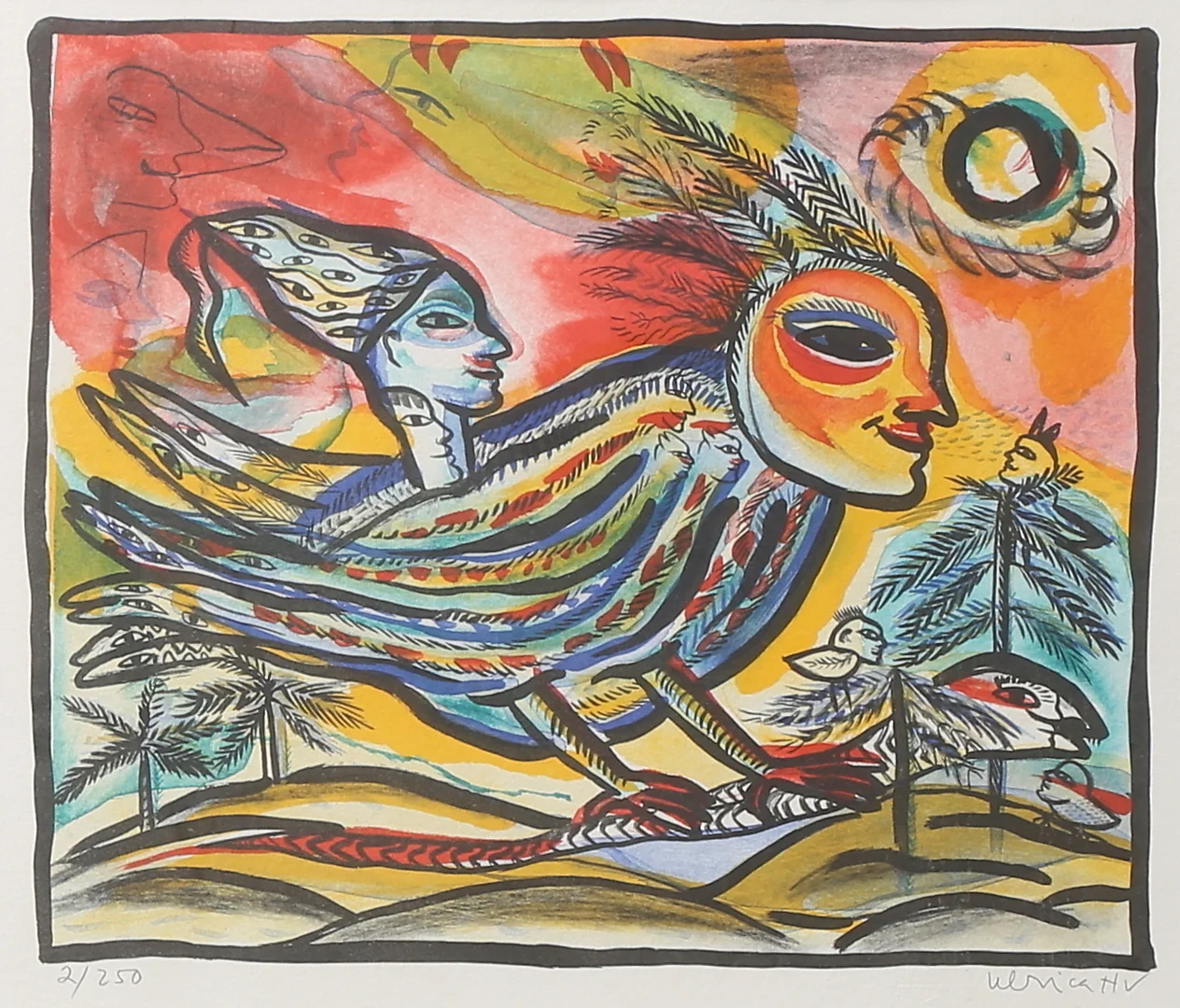ULRICA HYDMAN-VALLIEN. Komposition med fågel. Färglitografi, signerad och numrerad 2/250. — Engravings & Prints — Växjö Auktionskammare
