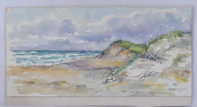 GRETE FRISTRUP. akvarell uppklistrad på papper, strandmotiv från Thy.