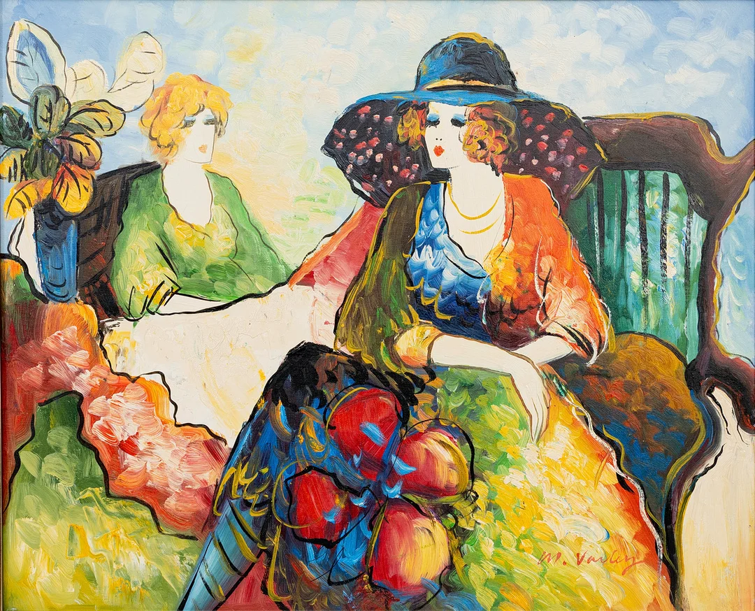 MARY VARLEY (1969-). Samtalande damer, olja på duk, signerad, M. Varley. — Paintings — Auktionshuset Kolonn