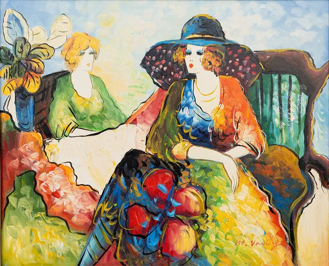 MARY VARLEY (1969-). Samtalande damer, olja på duk, signerad, M. Varley.