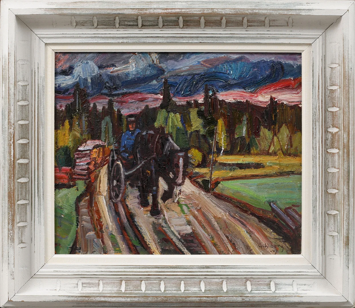 GUNNAR WIBERG. Hästekipage, olja på pannå, signerad och daterad -47. — Paintings — Göteborgs Auktionsverk