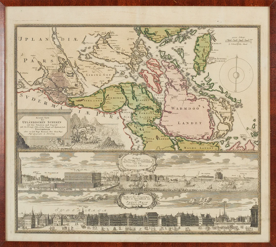 KARTA, kopparstick, handkolorerad, "Accurate Carte der Upländischen Scheren...", Homann, Stockholm, 1700-tal. — Maps — Stockholms Auktionsverk Sickla