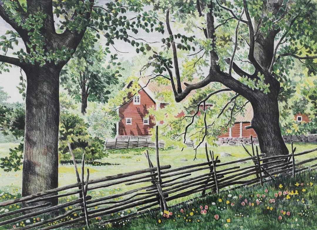 BJÖRN GIDSTAM. Gård. Färglitografi, signerad och numrerad 17/60. — Engravings & Prints — Växjö Auktionskammare