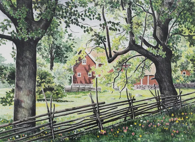 BJÖRN GIDSTAM. Gård. Färglitografi, signerad och numrerad 17/60.