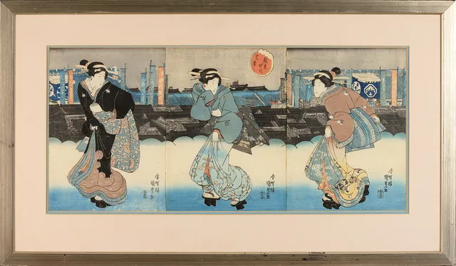 KUNISADA, japan, 1800-tal, triptyk med bejin, träsnitt.
