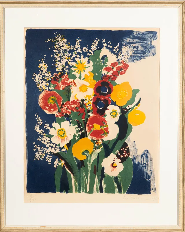 SIRI RATHSMAN. "Blommor" Färglitografi, Signerad & Daterad 1952. Numrerad 74/260.