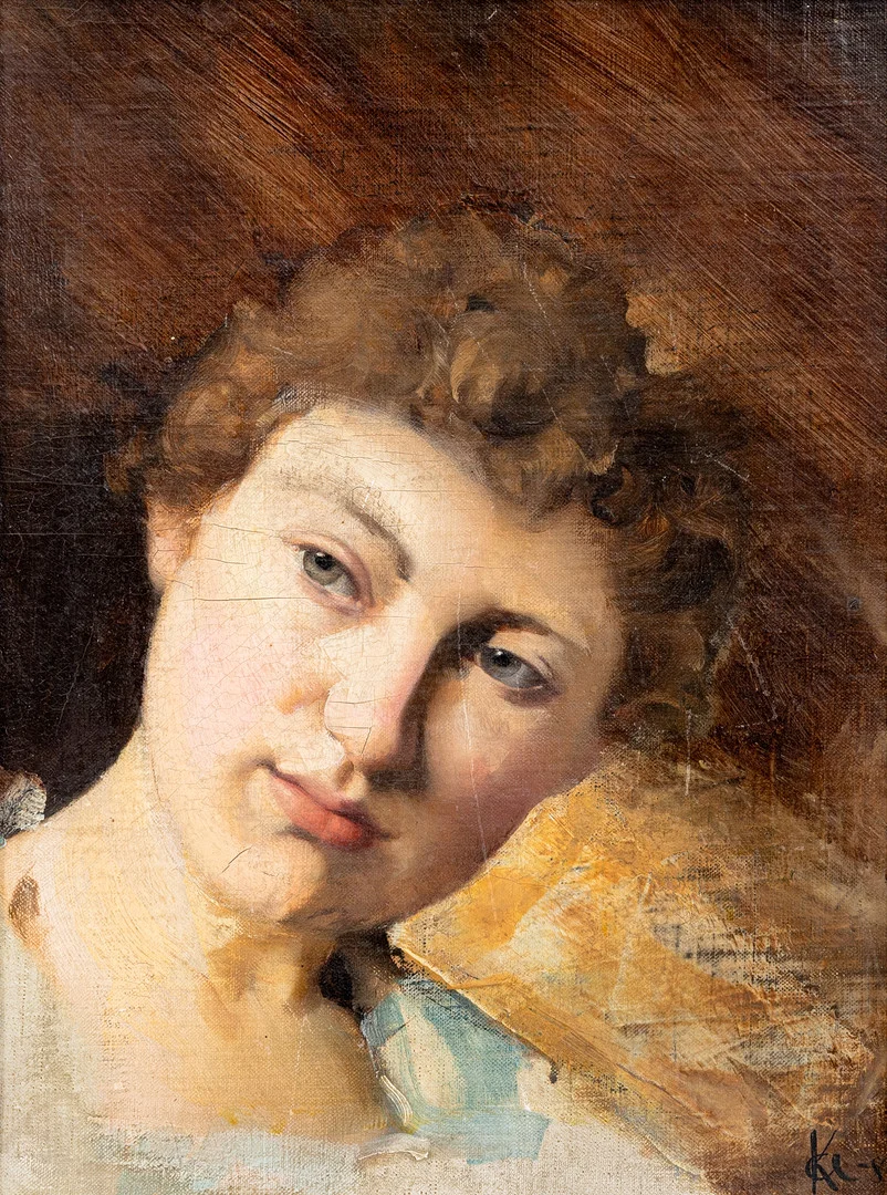 AXEL KULLE (1846-1908). Kvinnoporträtt, olja på pannå, monogramsignerad och daterad, AK, -83. — Paintings — Auktionshuset Kolonn