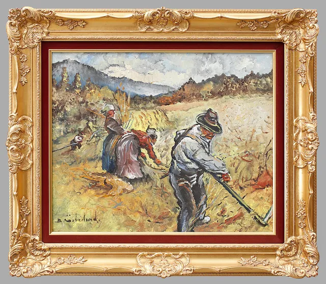 BERT ÖSTERLUND. Skördefolk, olja på dik, signerad B Österlund.
