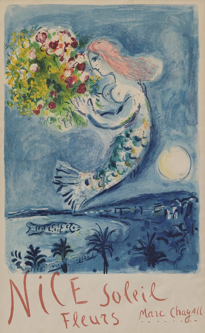 MARC CHAGALL. Färglitografisk affisch, 1962, tryckt av Mourlot, Paris, utgiven av Commisariat Géneral au Tourisme. — Engravings & Prints — Crafoord Auktioner Malmö