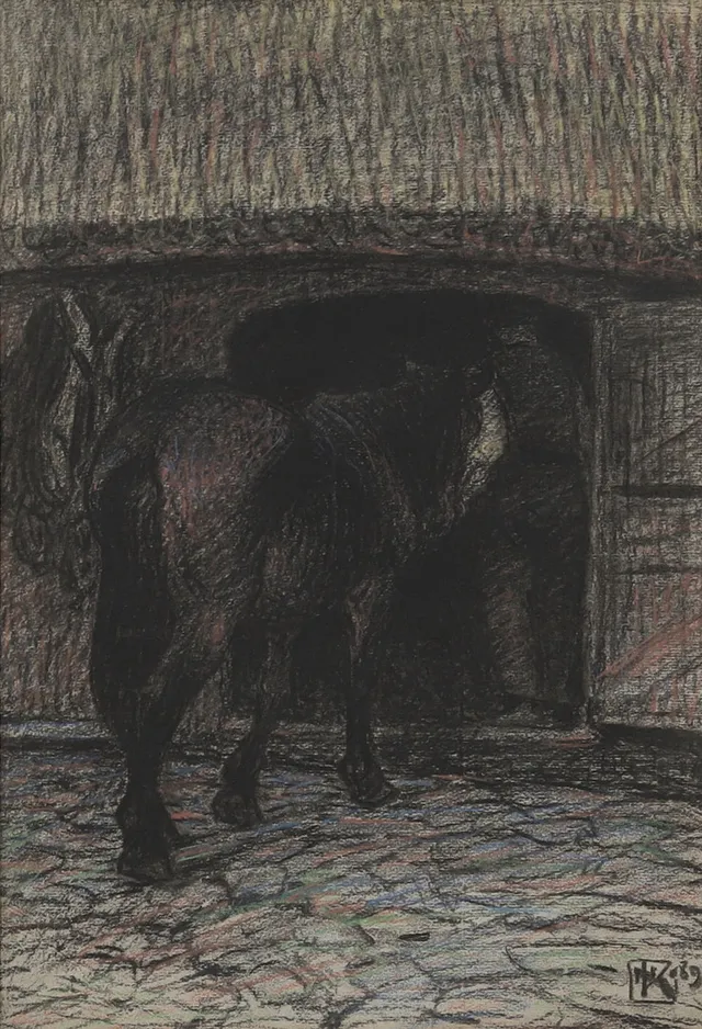 NILS KREUGER. Häst vid ingång till stall, blandteknik, signerad och daterad 1895.