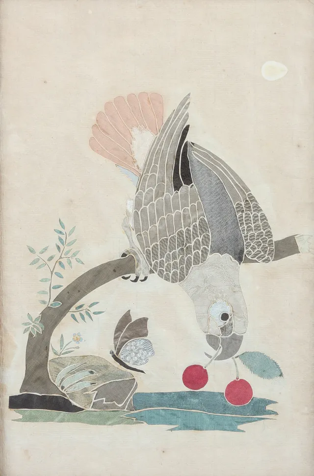 OKÄND KONSTNÄR, sidentavla med papegoja, 1800-tal.