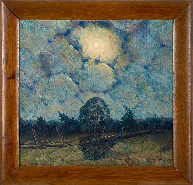 AUGUST LUNDBERG (1882-1946), Månskenslandskap med gärdsgård, signerad, olja på pannå.