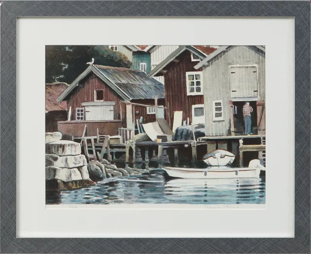 GUNNAR STÅLBRAND. Fiskebodar, färglitografi, signerad och numrerad 5/350.