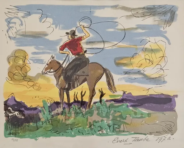 EVERT TAUBE. "ETT LASSOKAST", serigrafi ur mappen "Minnen från Pampas", signerad Evert Taube, numrerad 19/195 och daterad -72.