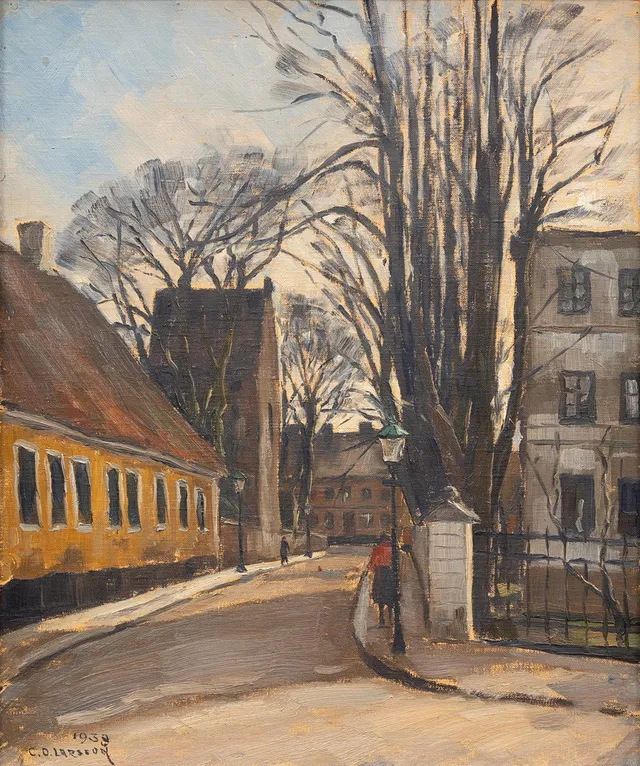 CARL OSCAR LARSSON. Adelgatan, Lund, olja på pannå, signerad och daterad 1939.