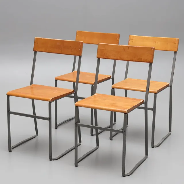 STOLAR, 4 st, stål & fernissad björk, "Stol 10 stapelbar", brickmärkta, Grythyttan, Stålmöbler, 1940-tal.