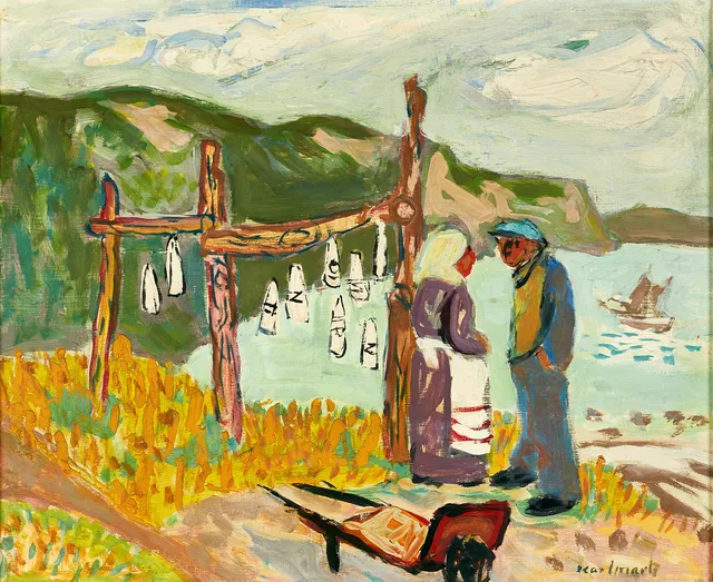 GERHARD KARLMARK. Kustlandskap med segelbåtar och ett figurpar, olja på pannå, signerad.