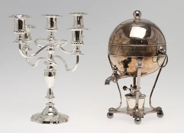 SAMOVAR, nysilver, A. G. Dufva, KANDELABER, för 5 ljus, nysilver, 1900-tal.