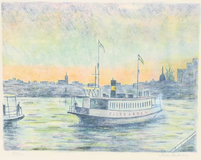 FOLKE KARLSSON. Stockholmsbild, färglitografi, signerad och numrerad.