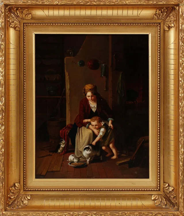 OIDENTIFIERAD KONSTNÄR. Interiör med figurer och katter, olja på duk, 1800-tal.