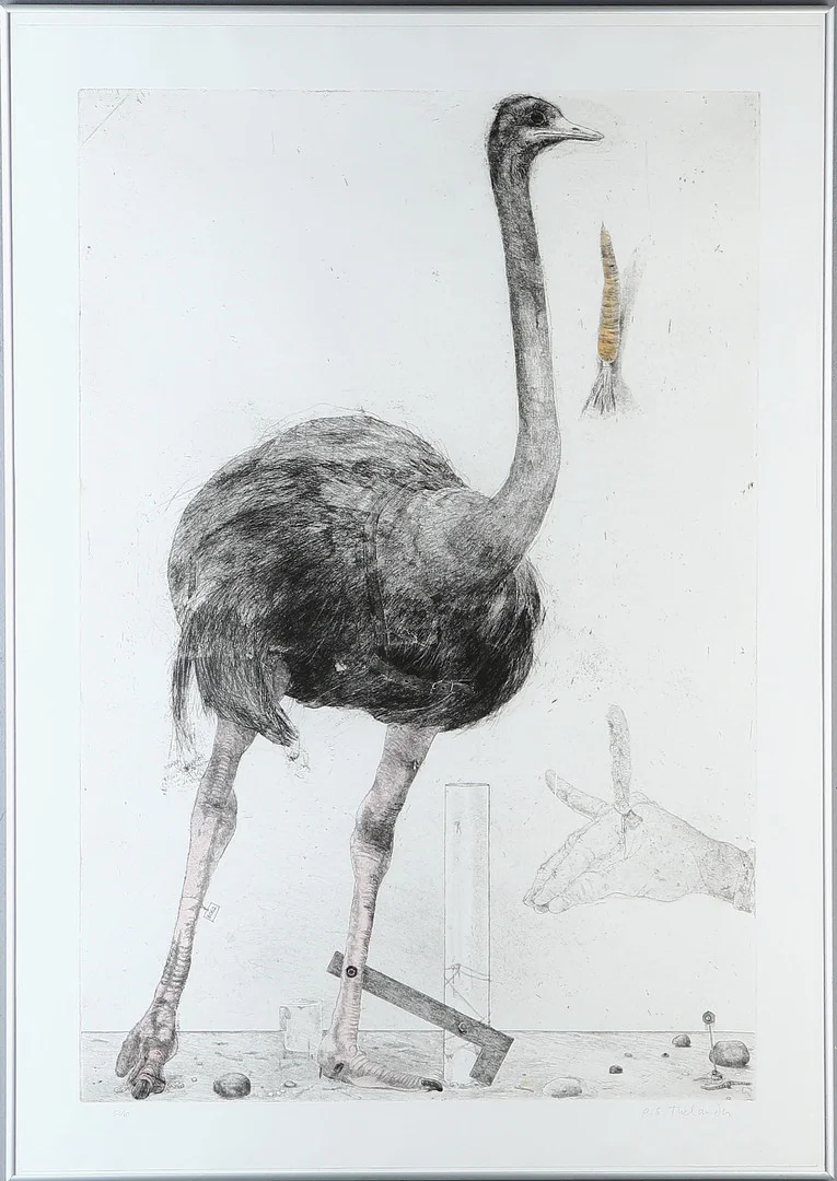 PER GUNNAR THELANDER. etsning, ur "Europeiska strutsar", signerad och numrerad 53/80. — Engravings & Prints — Auktionshuset Kolonn