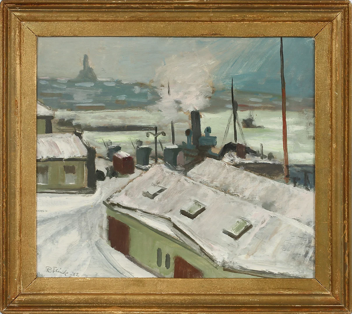 RUDOLF FLINK. "Vinter i hamnen" Olja på duk, signerad och daterad -42. — Paintings — Göteborgs Auktionsverk